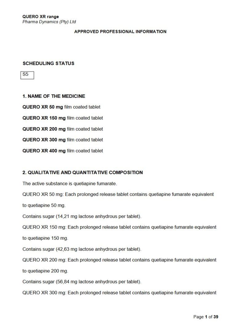 Quero XR Range 50/150/200/300/400mg FC tablets package insert preview