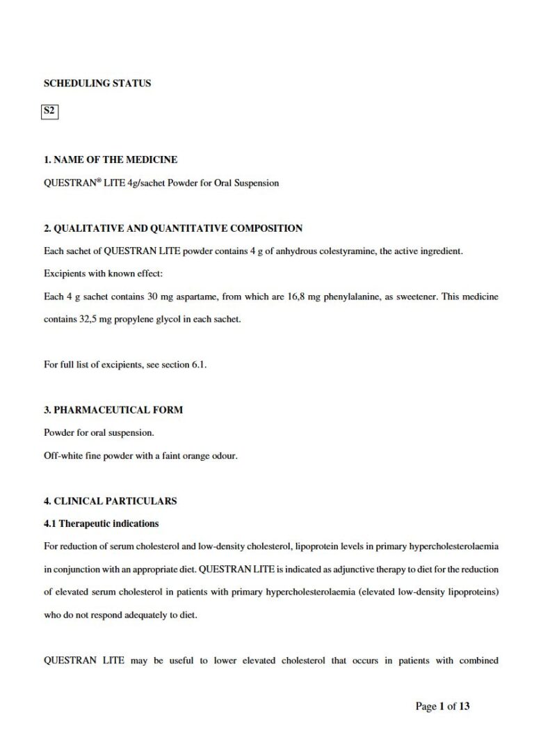 Questran Lite 4g/sachet Powder for Oral Suspension package insert preview