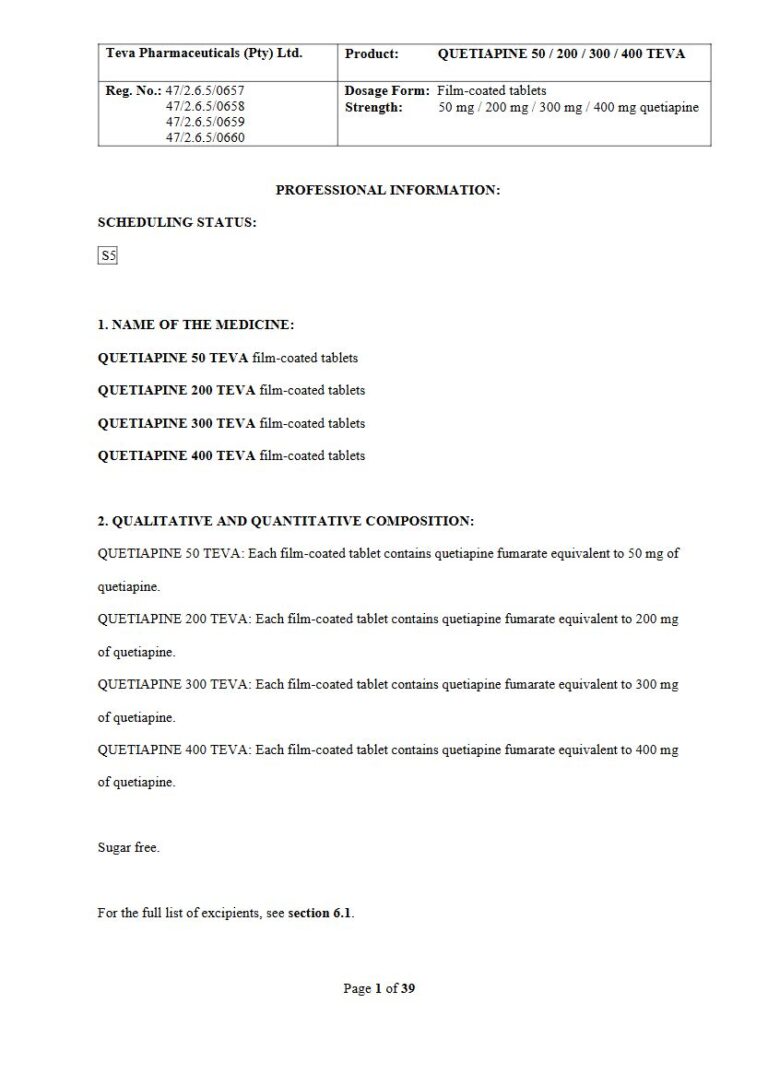 Quetiapine 50 mg/200 mg/300 mg/400 mg Film-Coated Tablets package insert preview