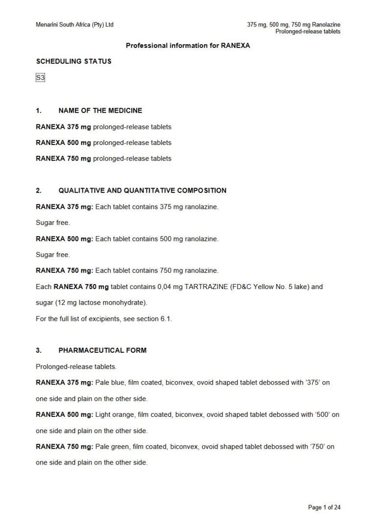 Ranexa 375 mg, 500 mg, 750 mg Prolonged-release tablets package insert preview