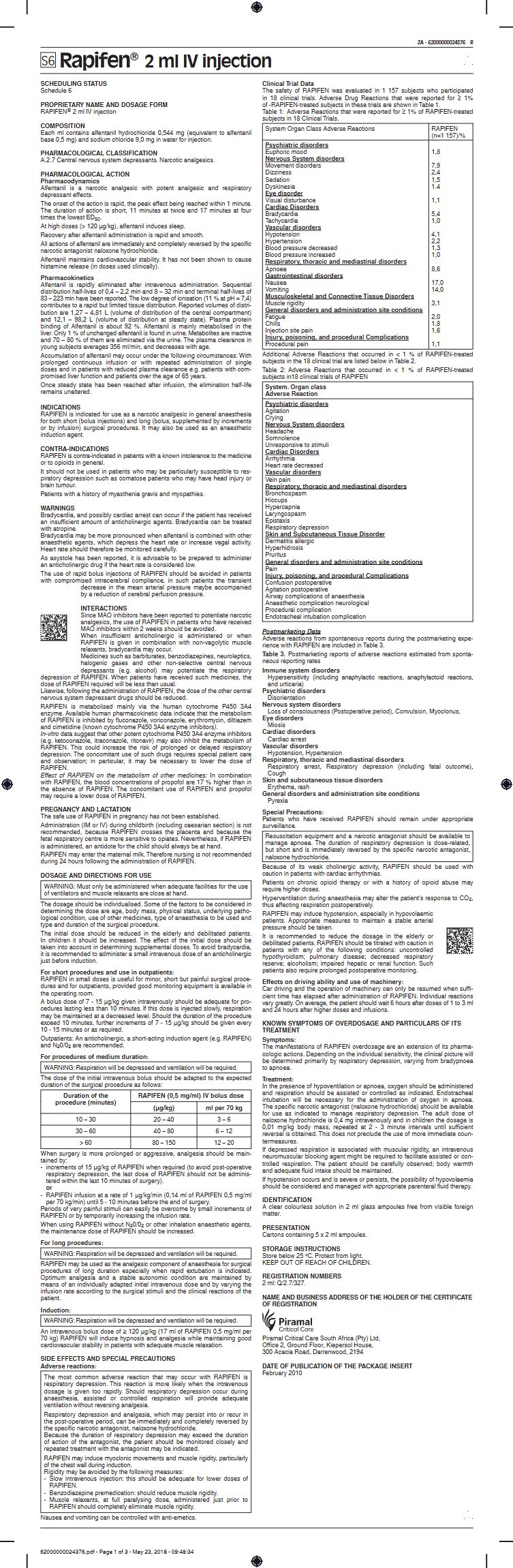 Rapifen 0.5mg / 2ml Injection package insert preview