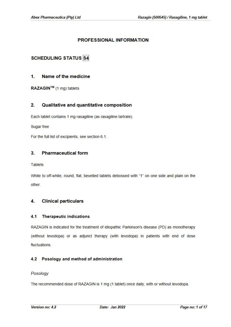 Razagin 1 mg Tablets package insert preview