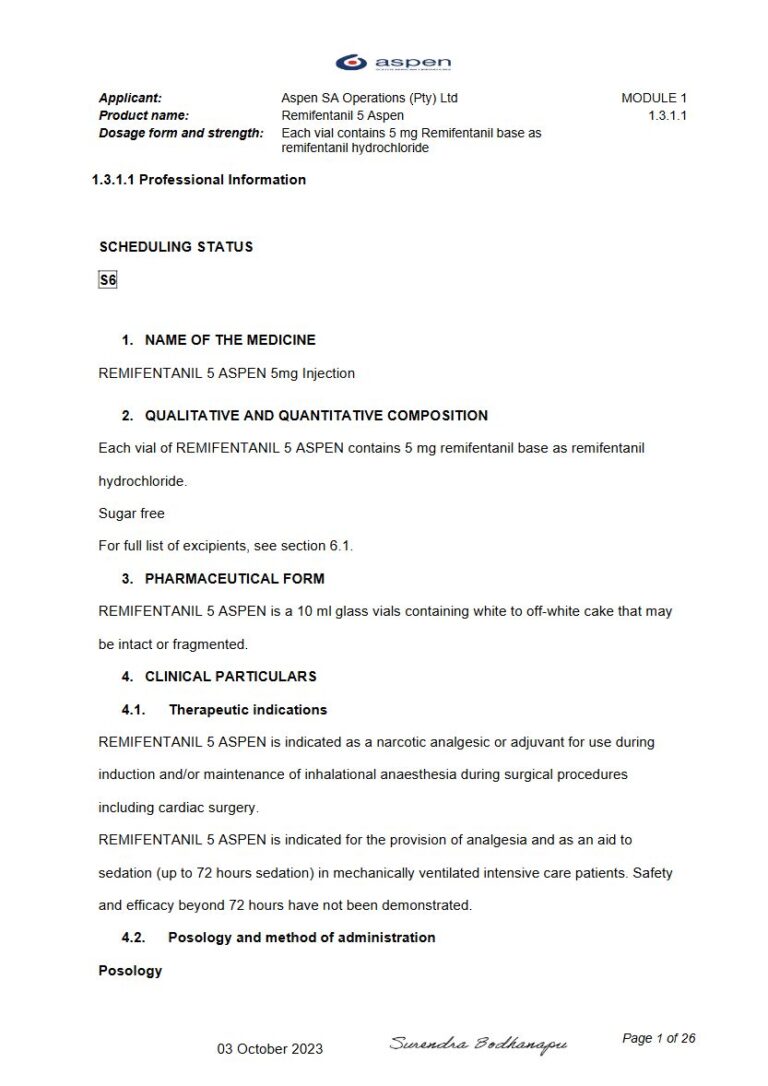Remifentanil 5 Aspen 5 mg Injection package insert preview