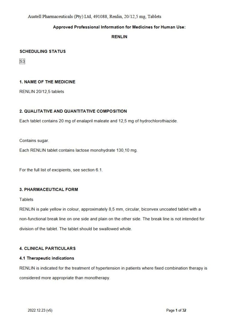 Renlin 20/12,5 mg, Tablets package insert preview