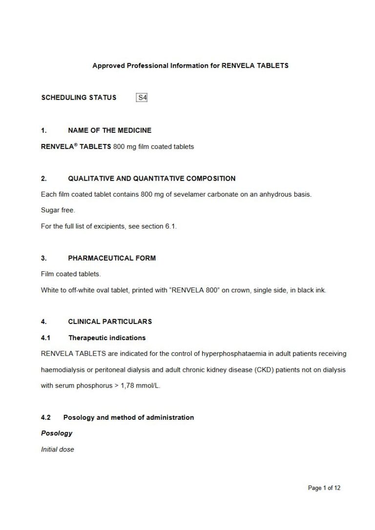Renvela 800mg FC Tablets package insert preview