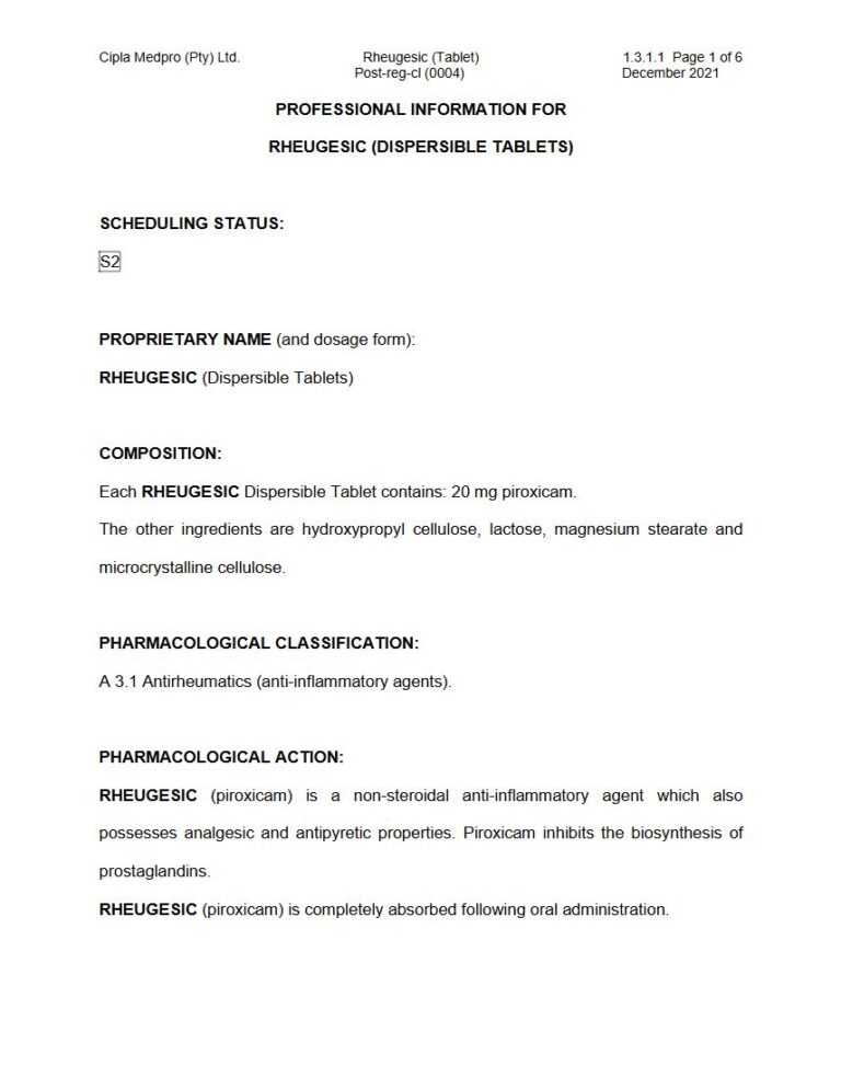 Rheugesic 20 mg Dispersible Tablet package insert preview