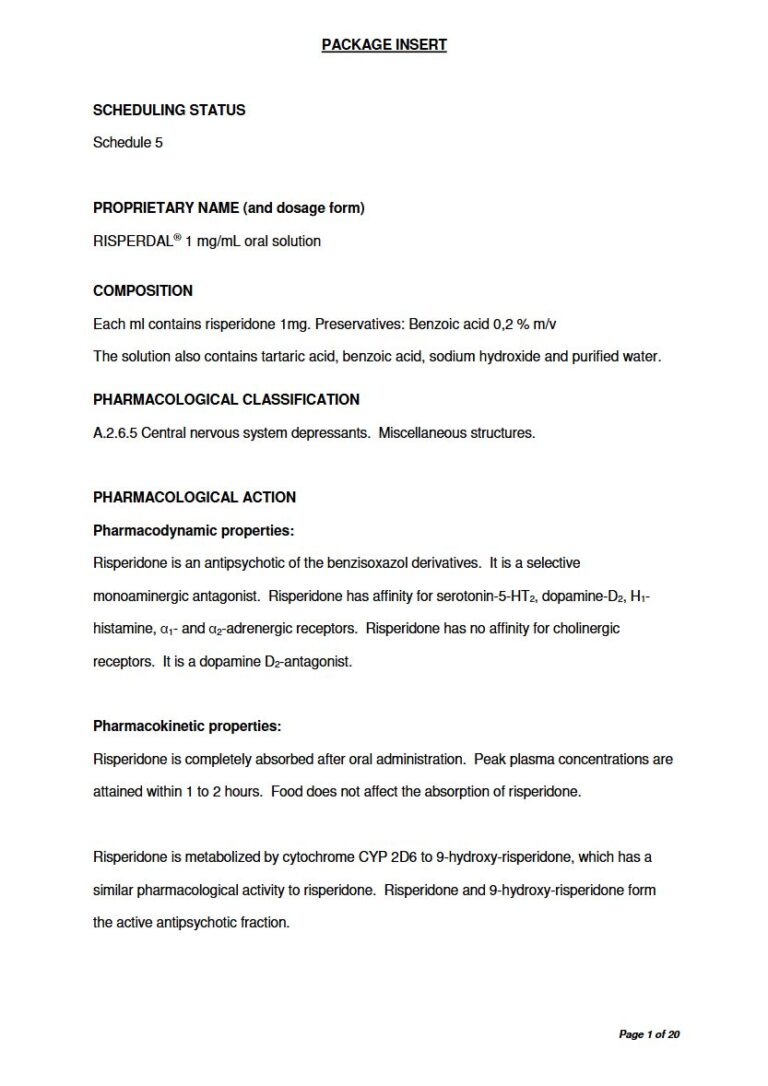 Risperdal 1mg / 1ml Oral Solution package insert preview