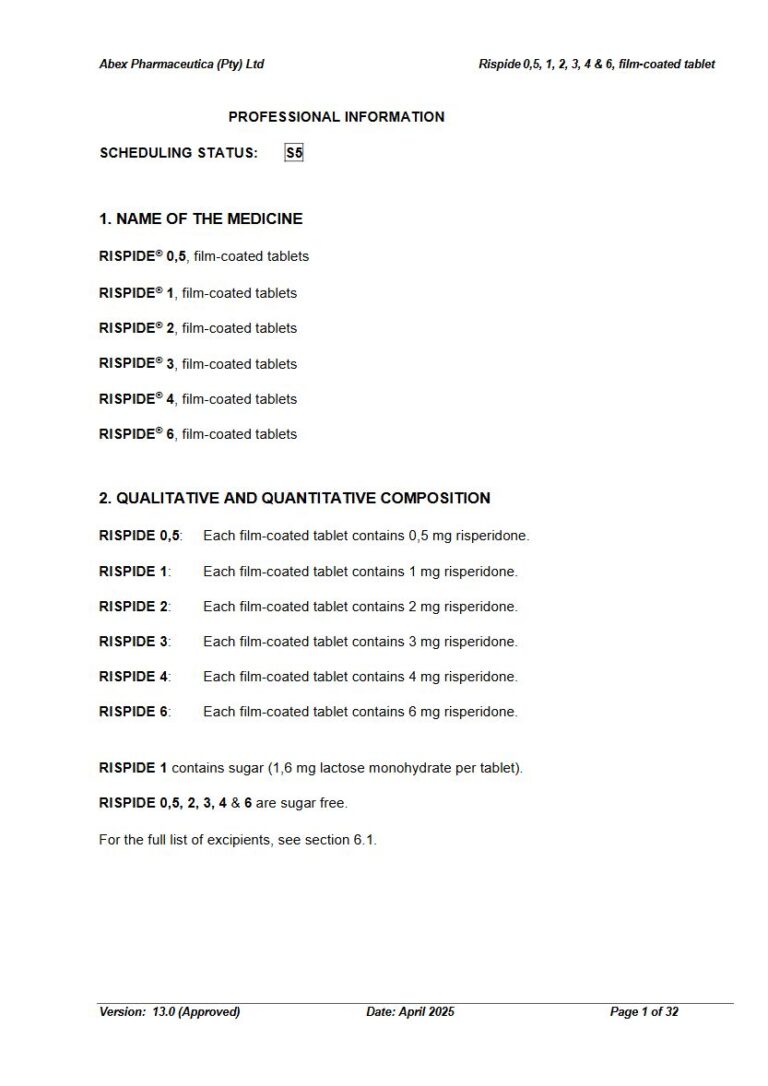 Rispide 0,5, 1, 2, 3, 4 & 6 0,5, 1, 2, 3, 4 & 6mg FC tablets. package insert preview