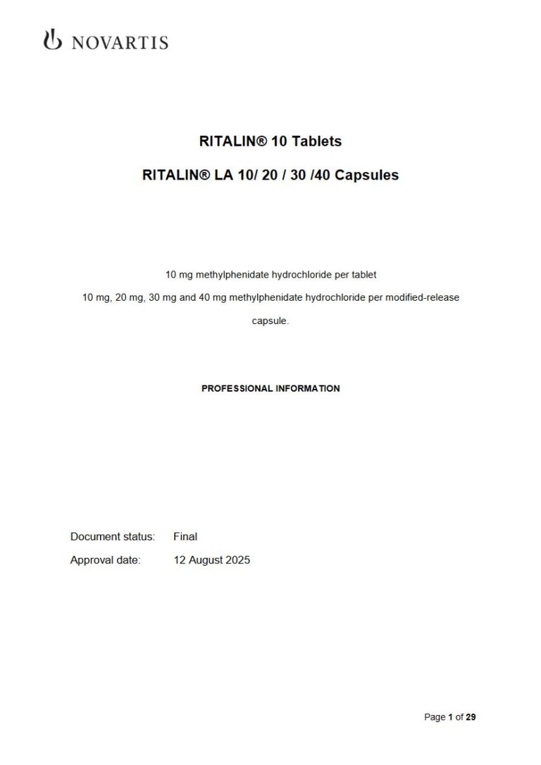 Ritalin 10 mg/20 mg/30 mg/40 mg Tablets package insert preview