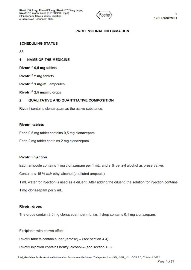 Rivotril Range 0.5 mg/2 mg/1 mg/2.5 mg Tablets package insert preview