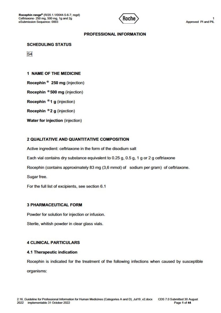 Rocephin Range 250 mg. 500 mg. 1 g. 2 g Injection package insert preview