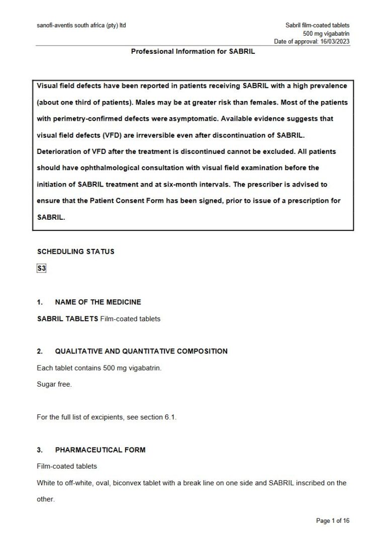 Sabril Tablets 500 mg FC tablets package insert preview