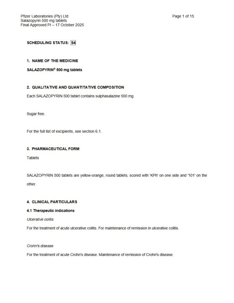 Salazopyrin 500 Mg Tablets package insert preview