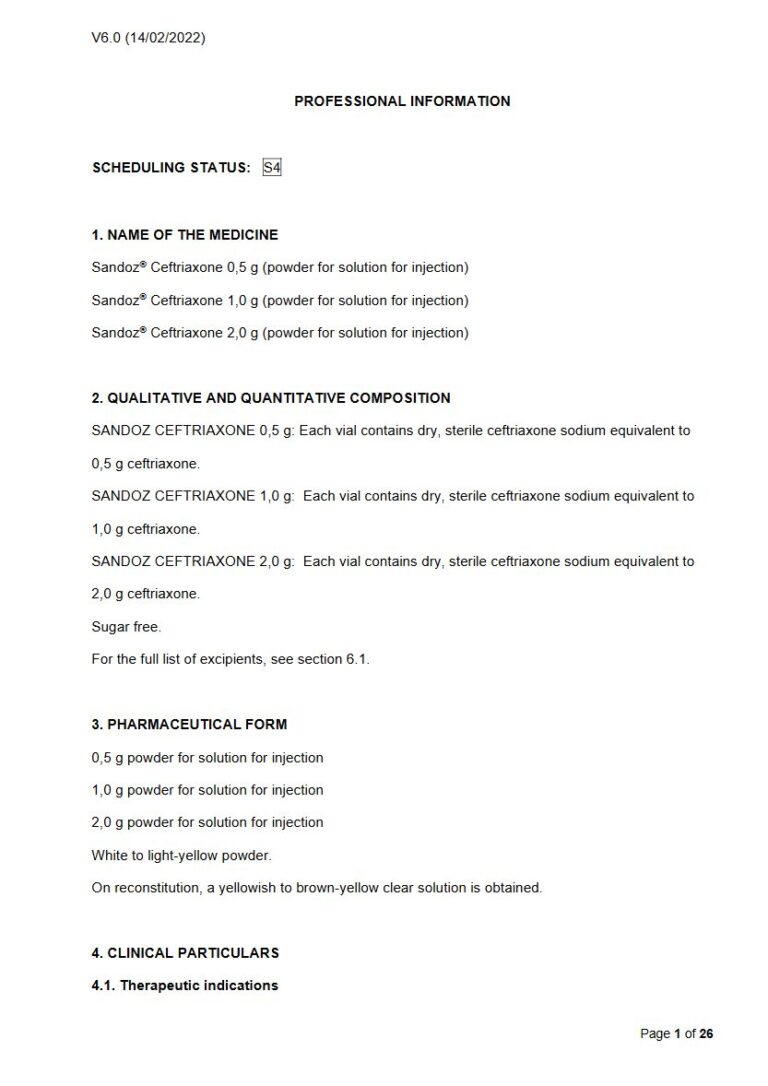 Sandoz Ceftriaxone 0.5 g/1.0 g/2.0 g Solution package insert preview