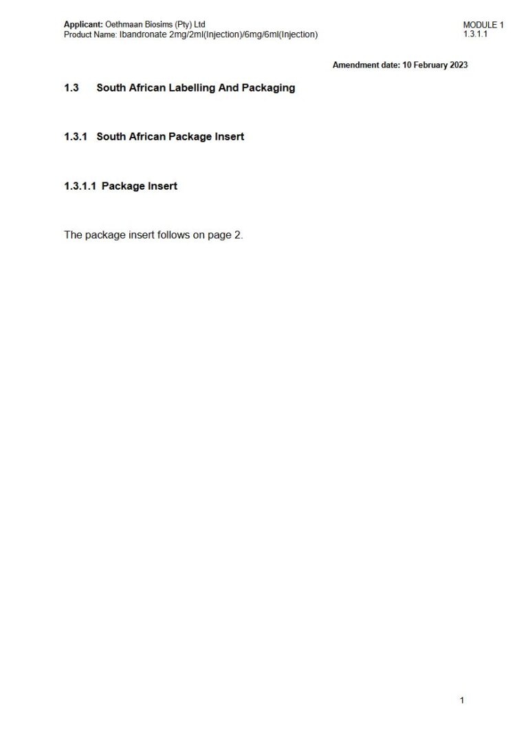 Sandoz Ibandronate 2mg/2ml, 6mg/6ml Injection package insert preview