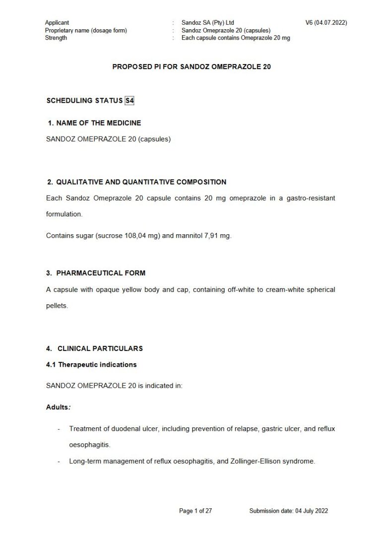Sandoz Omeprazole 20 20 mg Capsule package insert preview