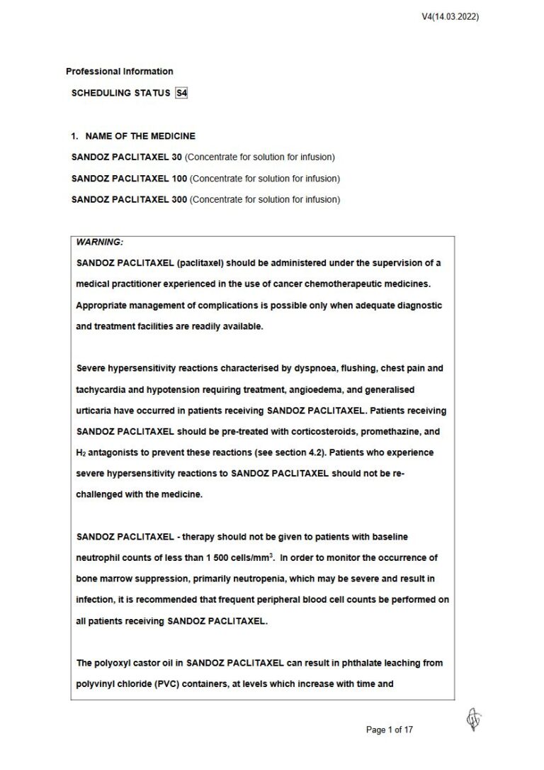 Sandoz Paclitaxel 30 mg/100 mg/300 mg Solution package insert preview