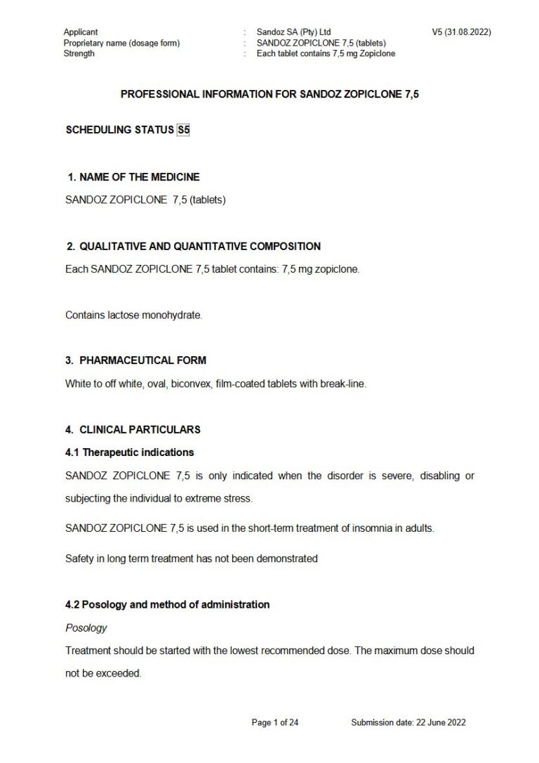 Sandoz Zopiclone 7,5 mg FC tablets package insert preview