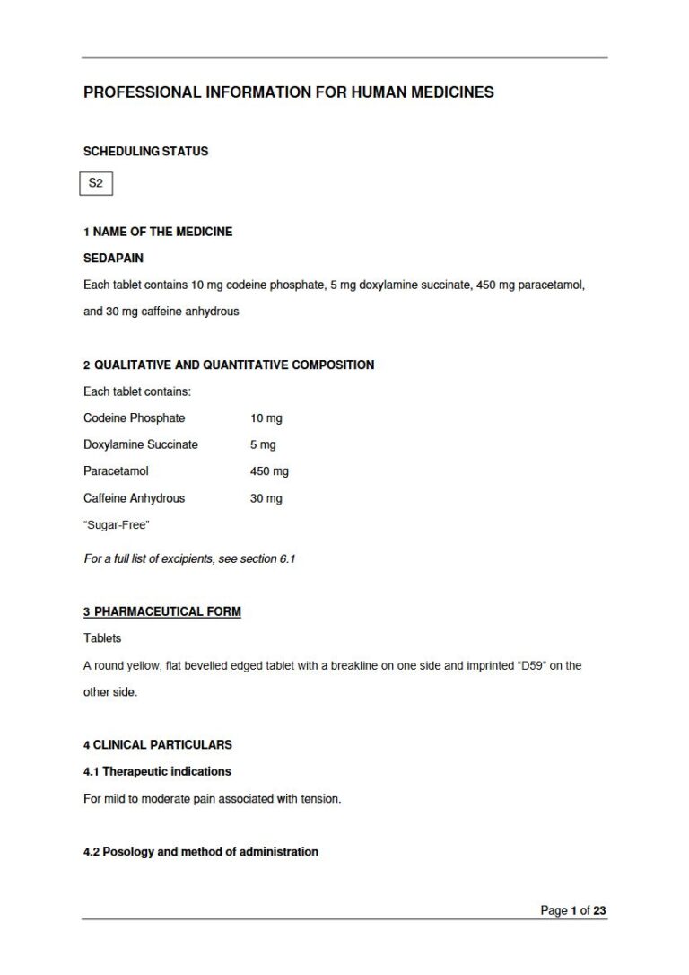 Sedapain 10 mg, 5 mg, 450 mg, 30 mg Tablets package insert preview