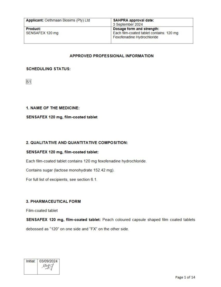 Sensafex 120 Mg Film-Coated Tablets package insert preview