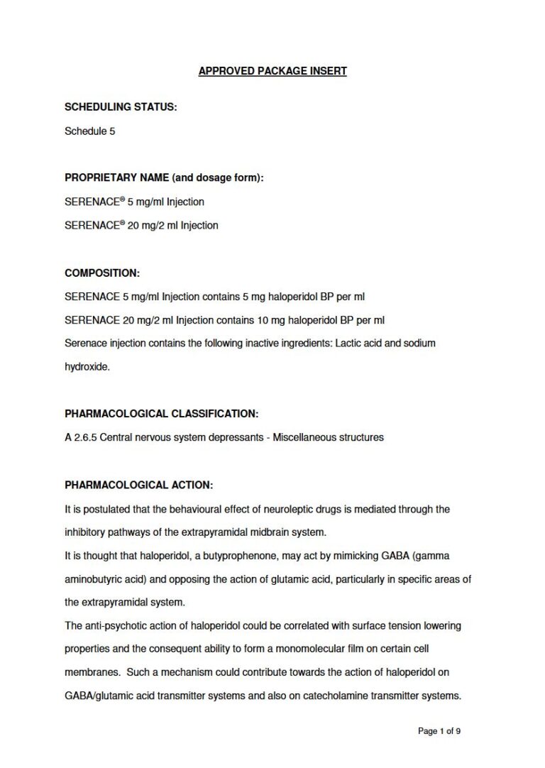 Serenace 5mg / 1ml. 20mg / 2ml Injection package insert preview