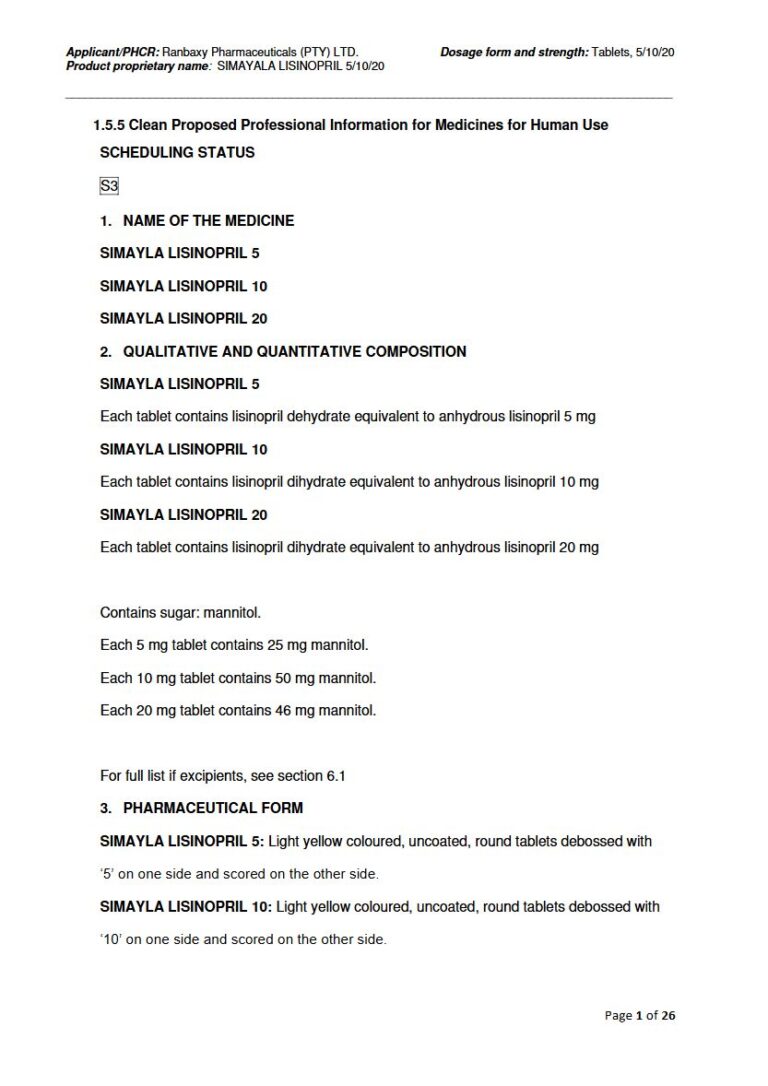 Simayala Lisinopril 5/10/20 5mg/10mg/20mg Tablet. package insert preview