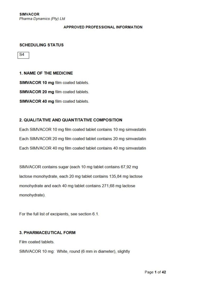 Simvacor 10mg, 20mg, 40 mg FC tablets. package insert preview