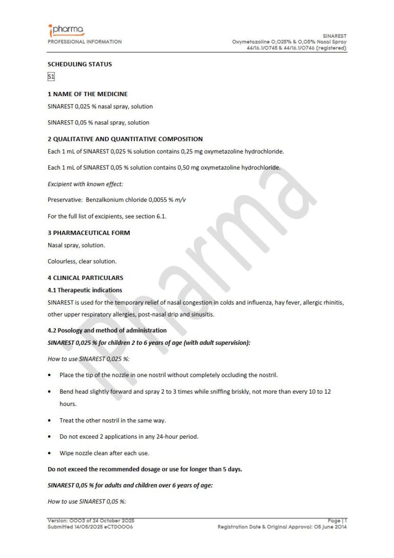 Sinarest 1 mL Nasal spray, solution package insert preview