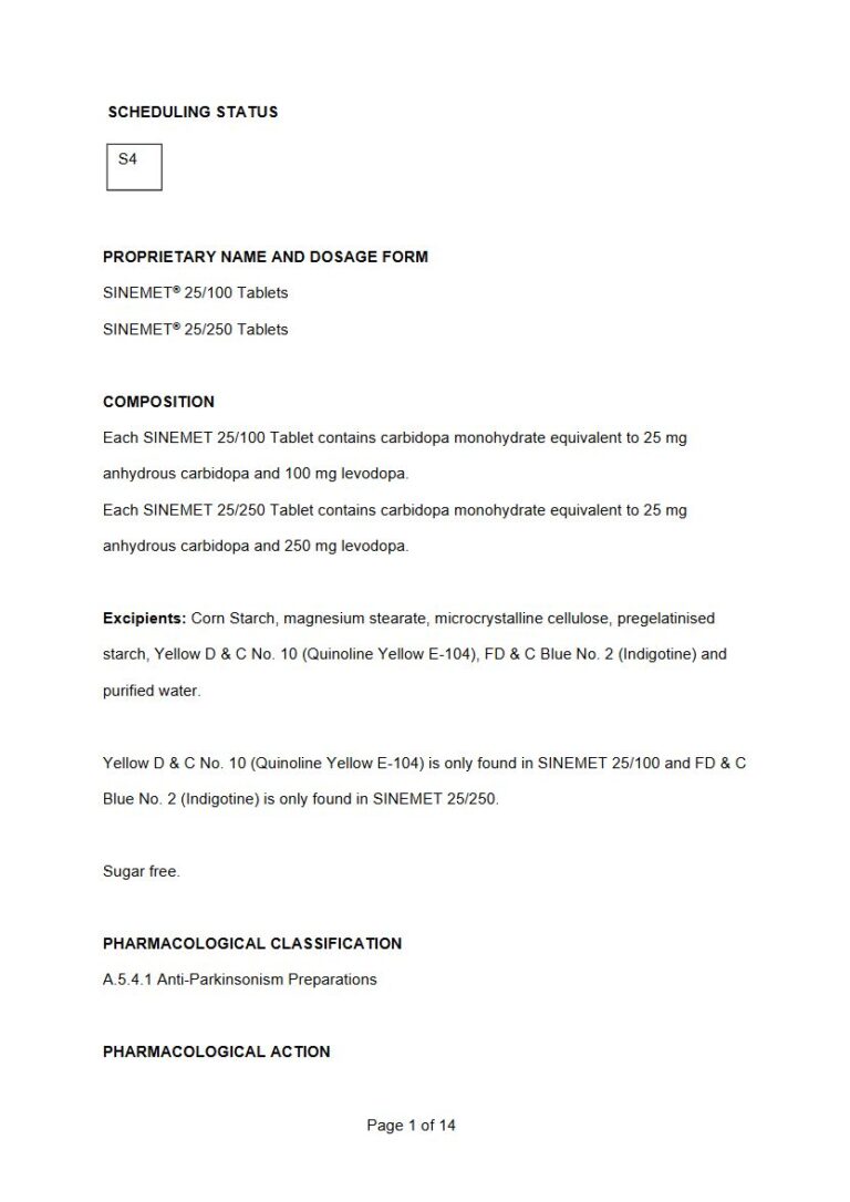 Sinemet 25 mg/100 mg/250 mg Tablets package insert preview