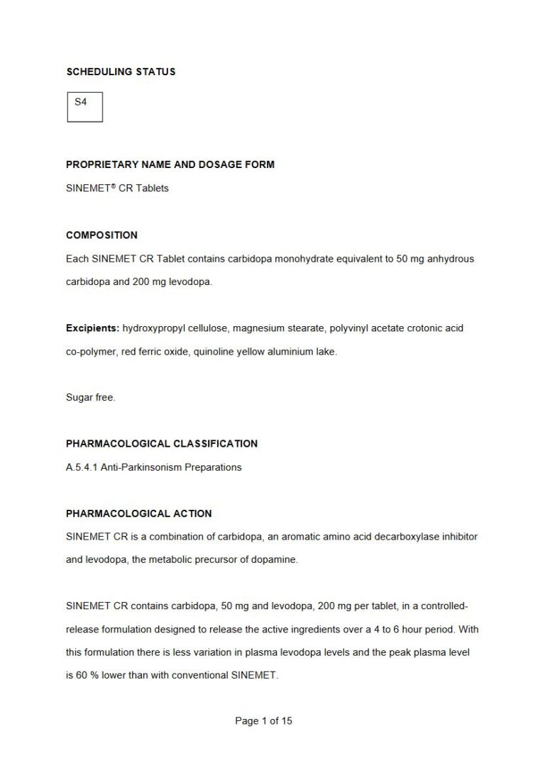 Sinemet Cr 50mg. 200mg Tablet package insert preview
