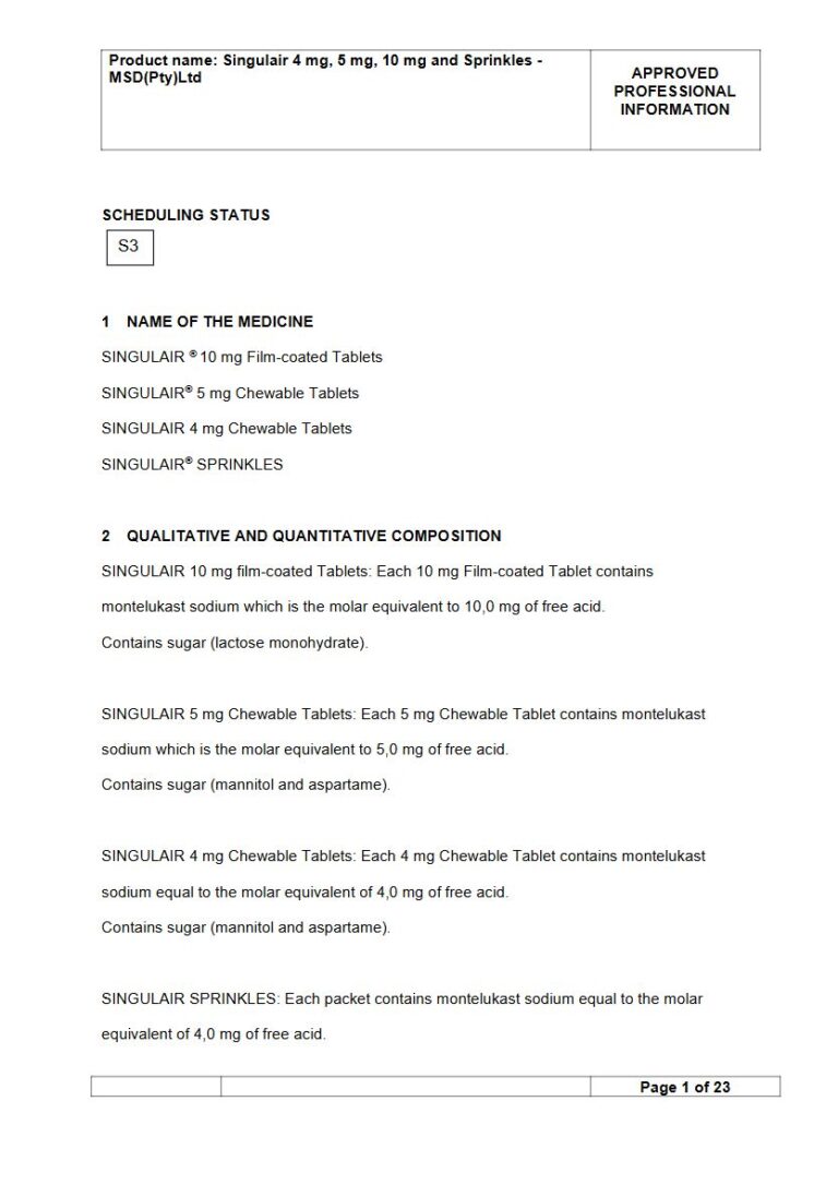 Singulair 4 Mg/5 Mg/10 Mg Film-Coated Tablets package insert preview