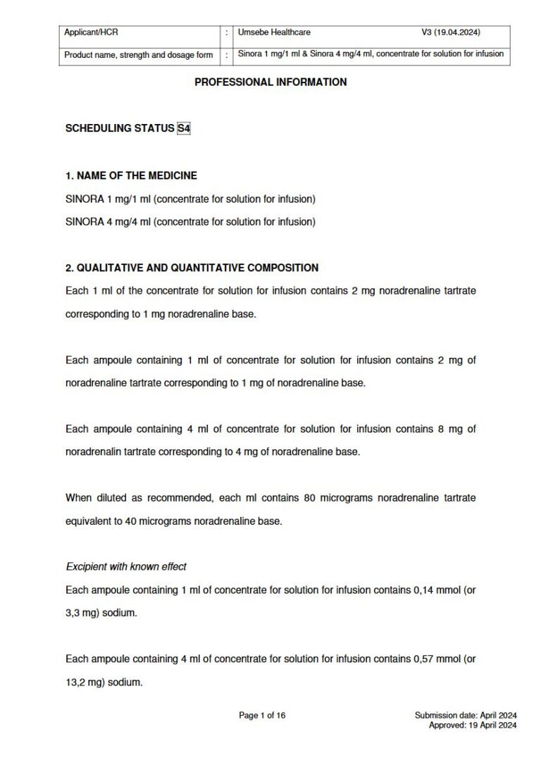 Sinora 1 Mg/1 Ml/4 Mg/4 Ml Solution package insert preview