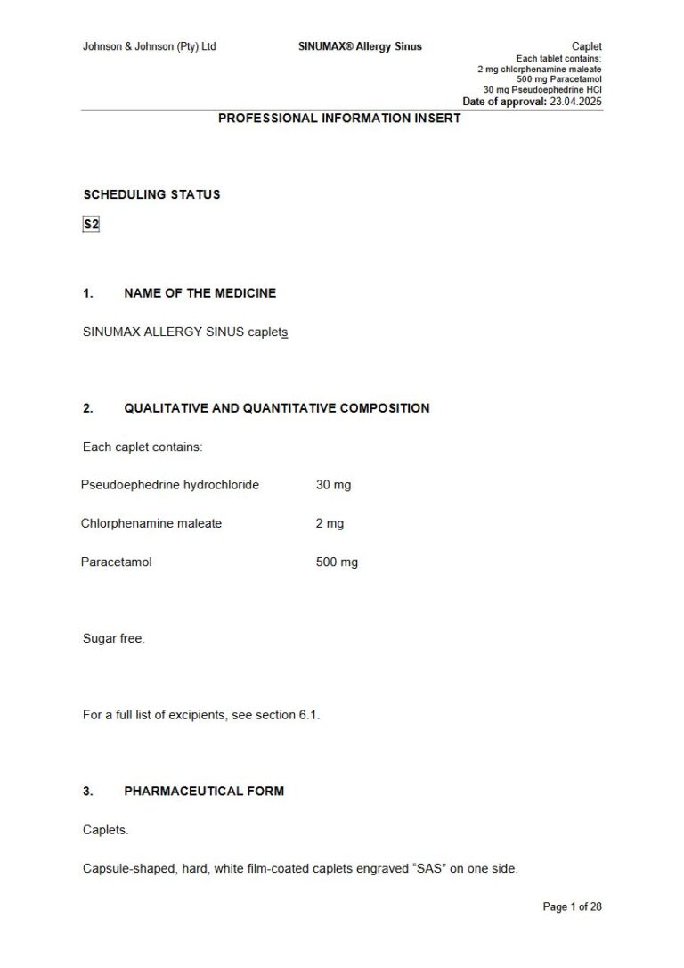 Sinumax Allergy Sinus 30 mg Caplets. package insert preview