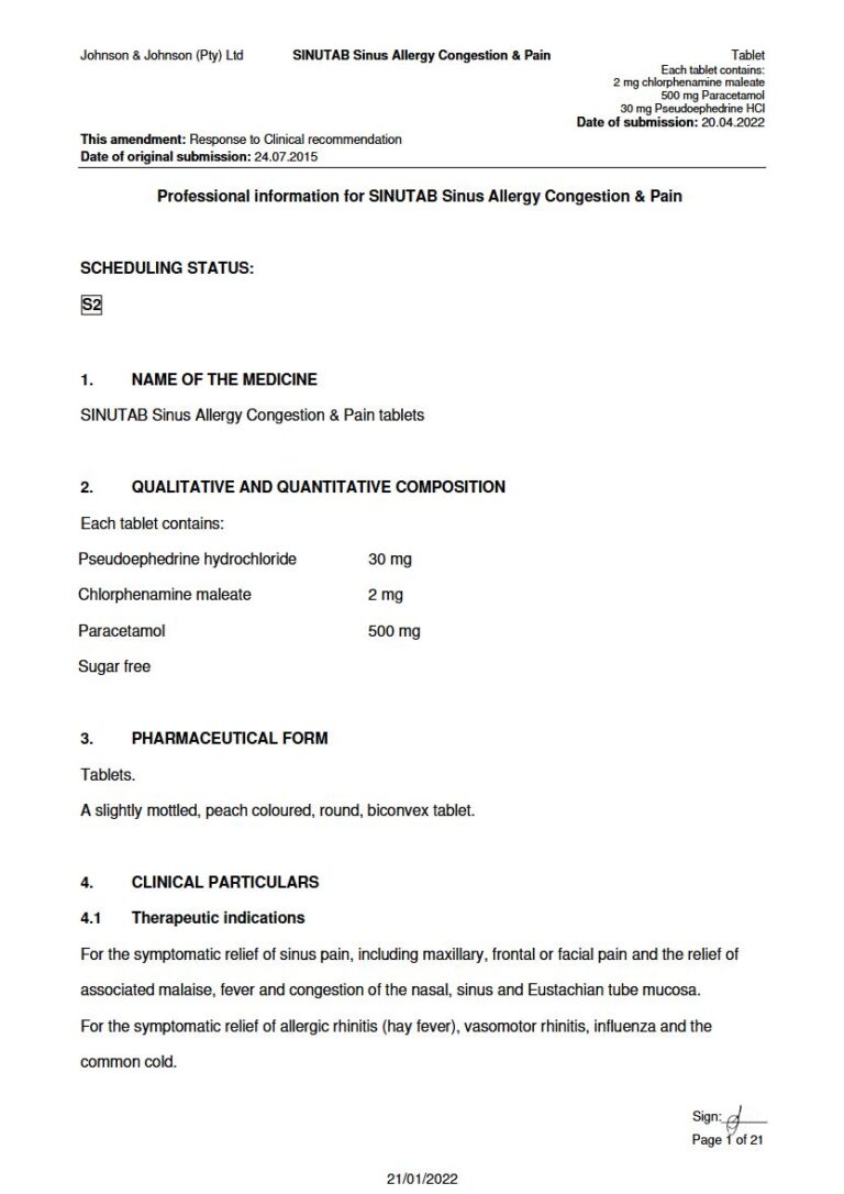 Sinutab Sinus Allergy Congestion &Amp, Pain 30 mg/2 mg/500 mg package insert preview
