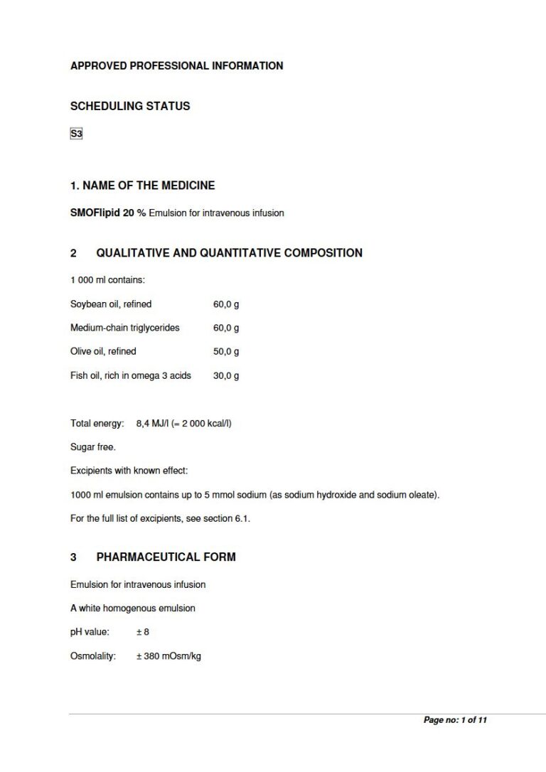 Smoflipid 20 % 1 000 ml Emulsion for intravenous infusion package insert preview