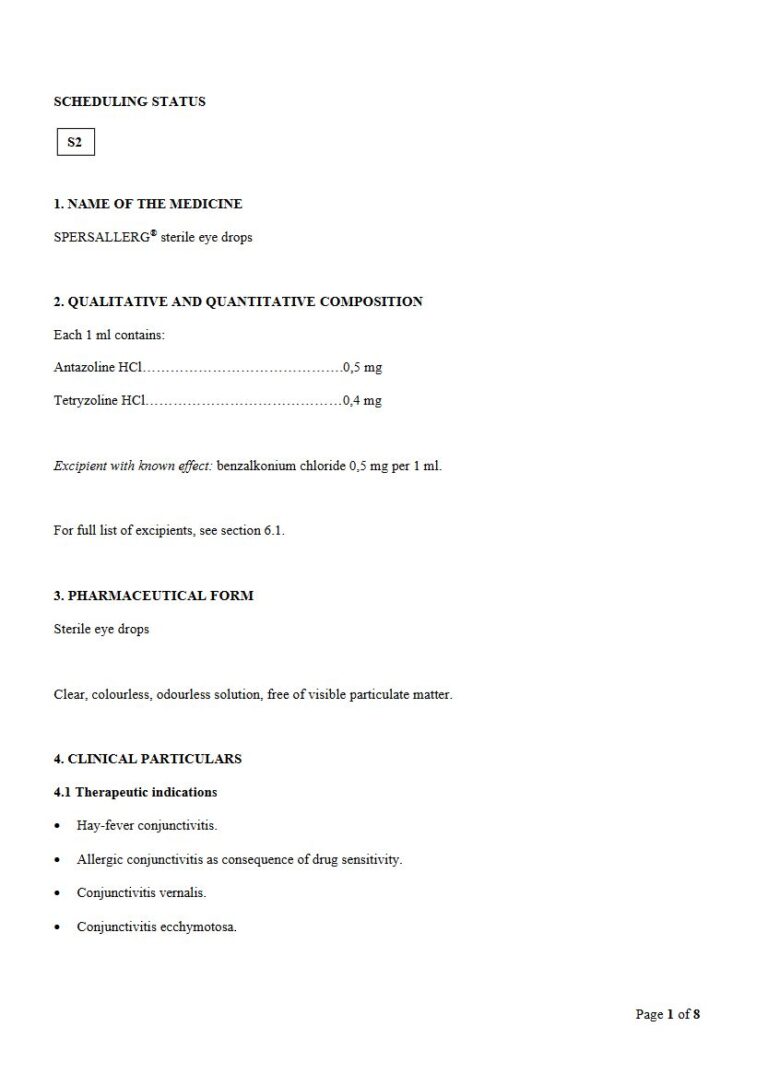 Spersallergâ 0.5 mg /1 ml. Sterile eye drops package insert preview