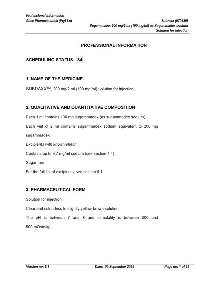 Subraxx 200 mg/2 ml (100 mg/ml) Solution for injection package insert preview
