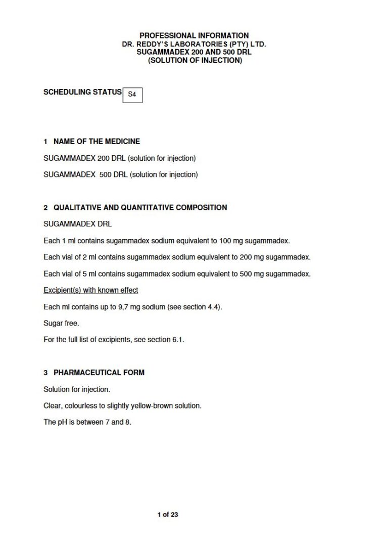 Sugammadex 200 & 500 Drl 200 mg, 500 mg Solution for injection package insert preview