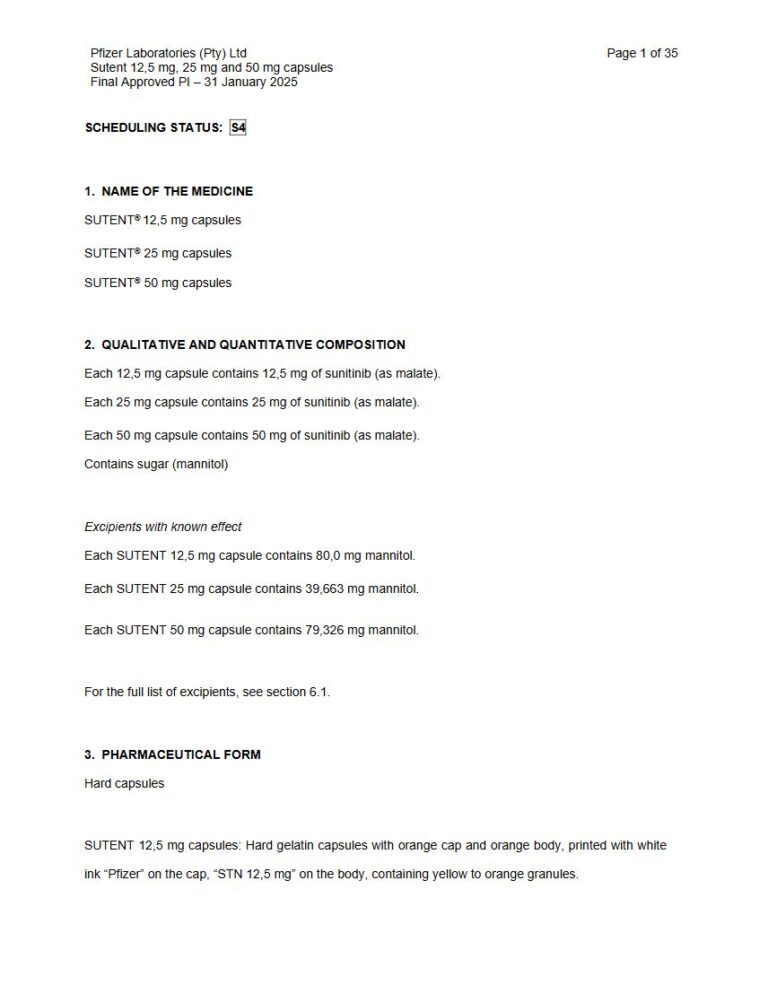 Sutent 12,5 mg, 25 mg and 50 mg Hard capsules package insert preview