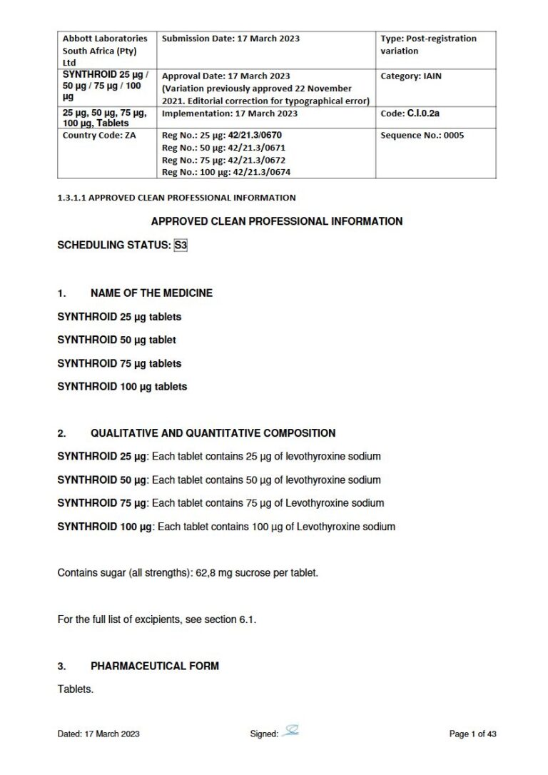 Synthroid 25 μg, 50 μg, 75 μg, 100 μg, Tablets package insert preview