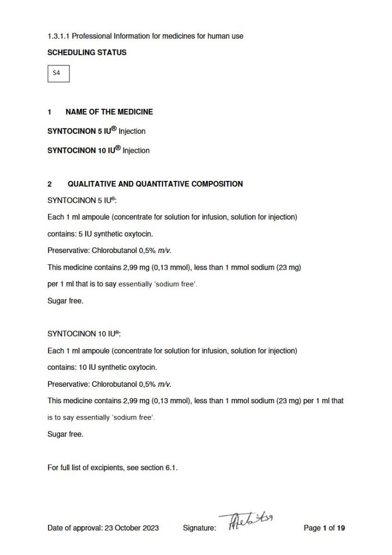 Syntocinon 5 IU, 10 IU Injection package insert preview