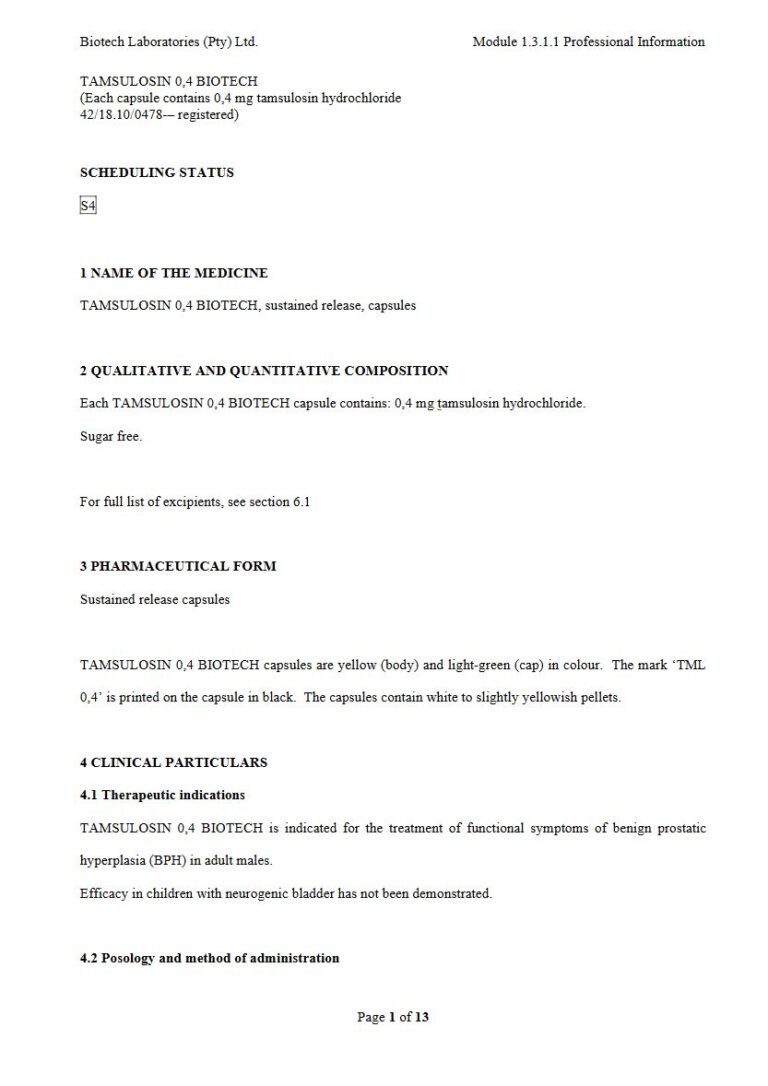 Tamsulosin 0,4 Biotech 0,4 mg Sustained release capsules package insert preview