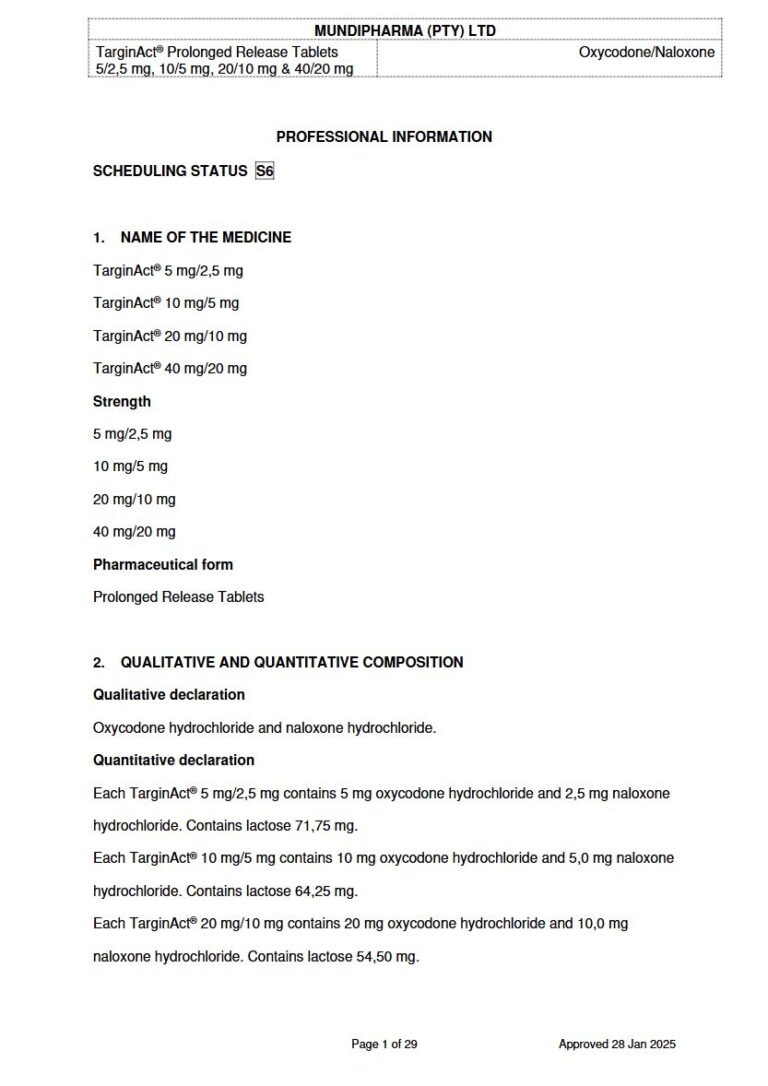 Targinact 5/2,5 mg, 10/5 mg, 20/10 mg & 40/20 mg Tablets package insert preview