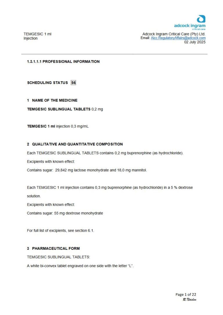 Temgesic 0.2 mg/1 ml Sublingual Tablets. Injection package insert preview