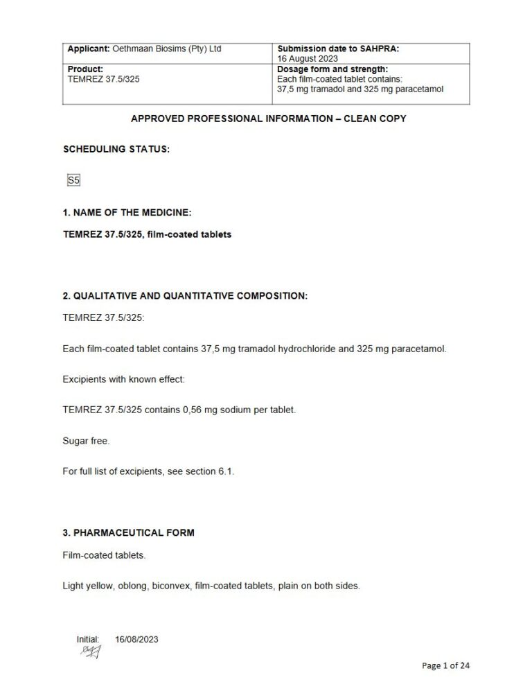 Temrez 37,5 mg; 325 mg FC tablets. package insert preview