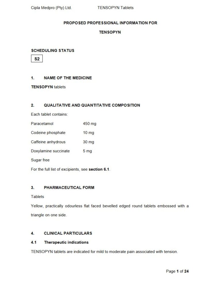 Tensopyn 450 mg Tablets package insert preview