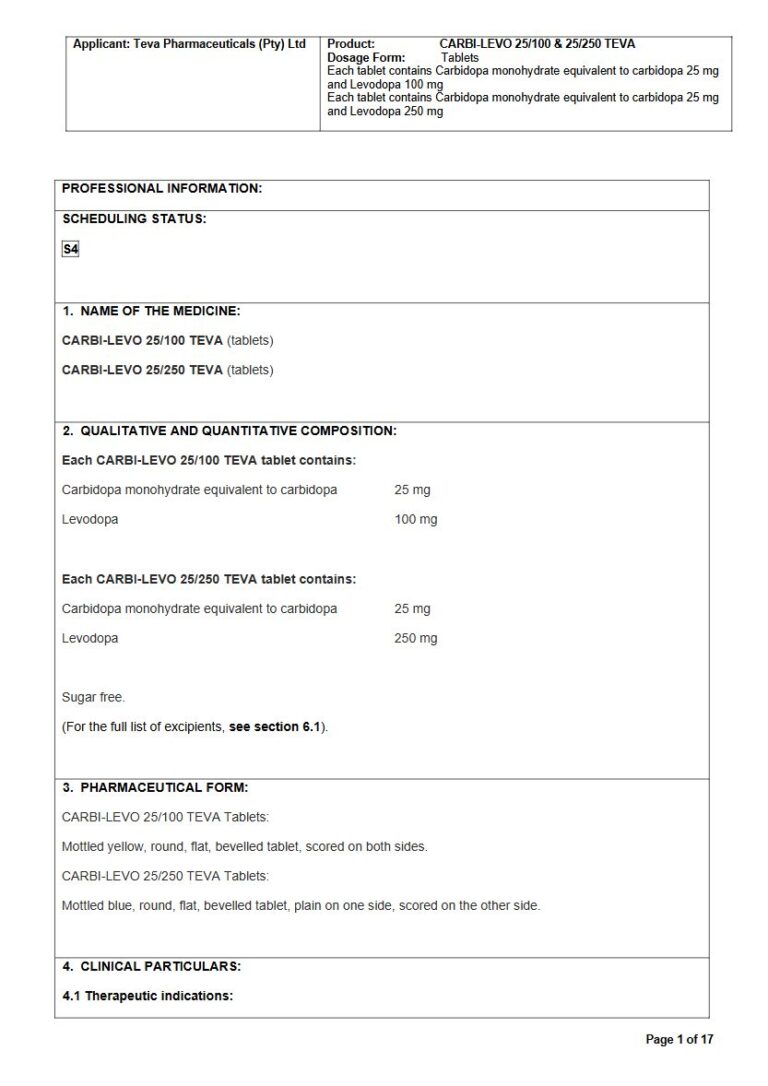 Teva Carbi-Levo 25 mg/100 mg/250 mg Tablets package insert preview