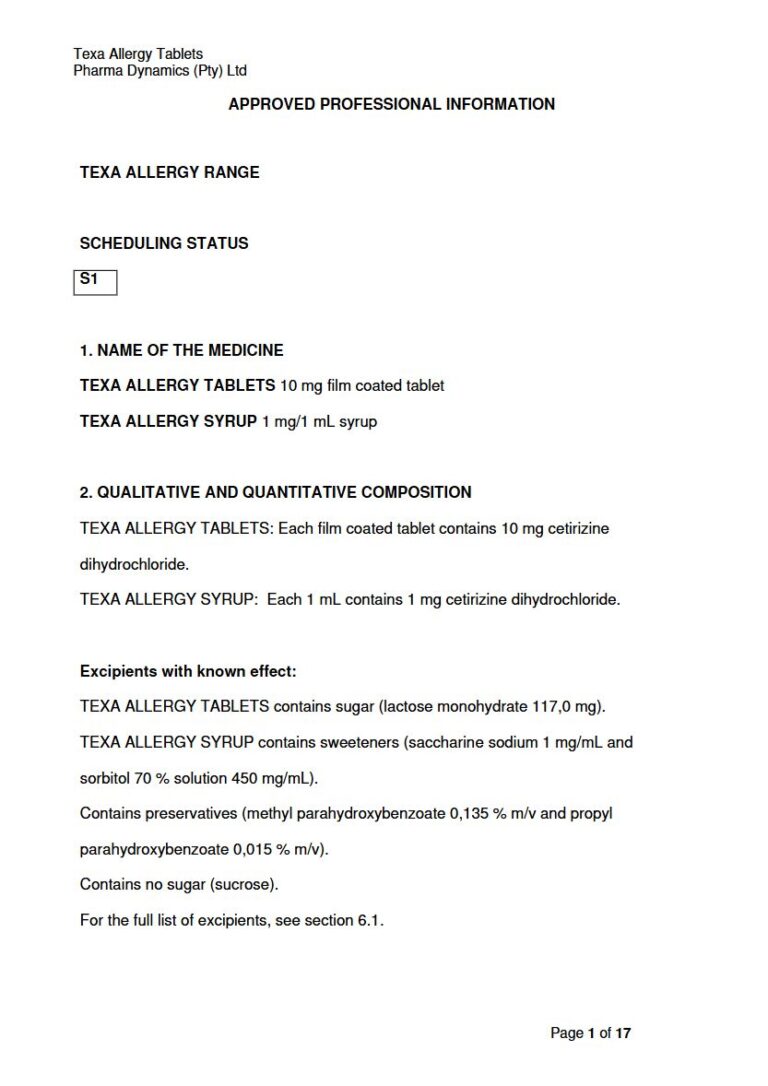 Texa Allergy 10 mg/1 mg/1 mL Film-Coated Tablets package insert preview