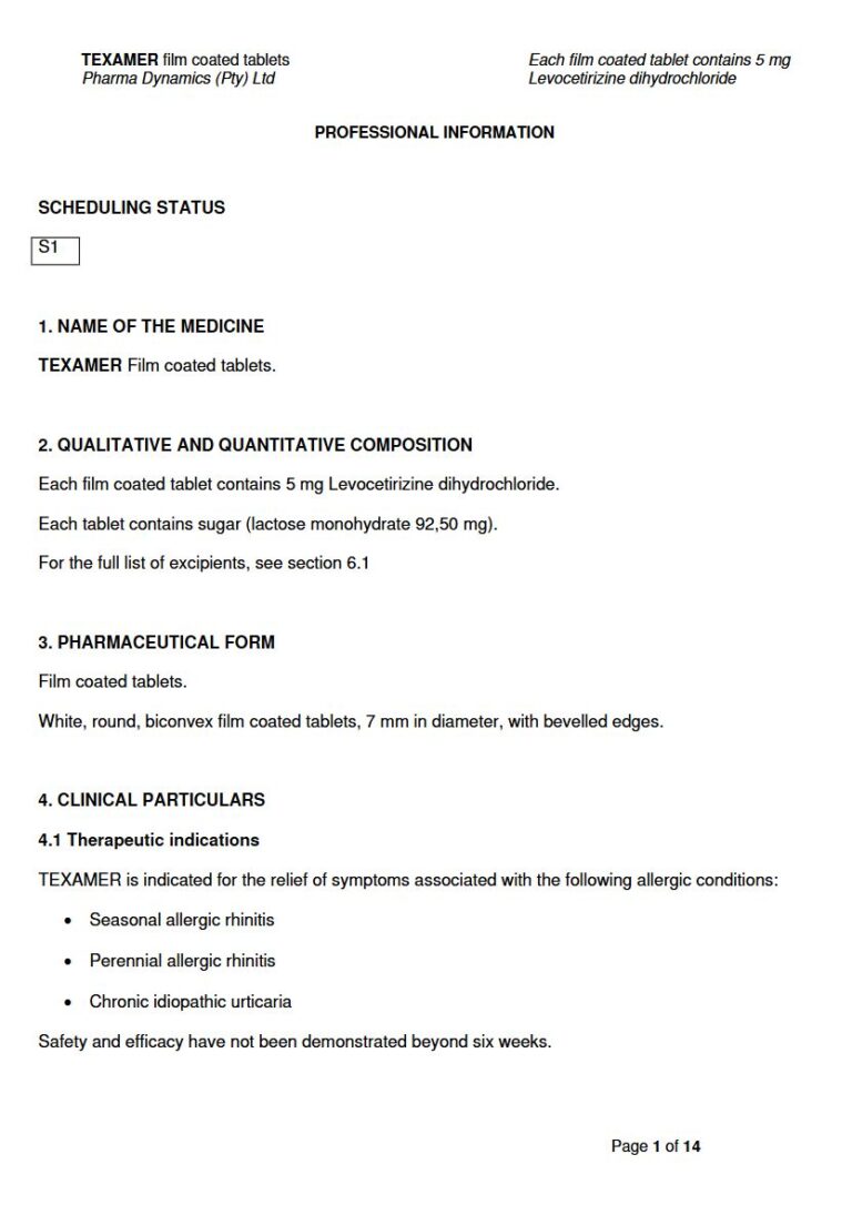 Texamer 5 mg FC tablets. package insert preview
