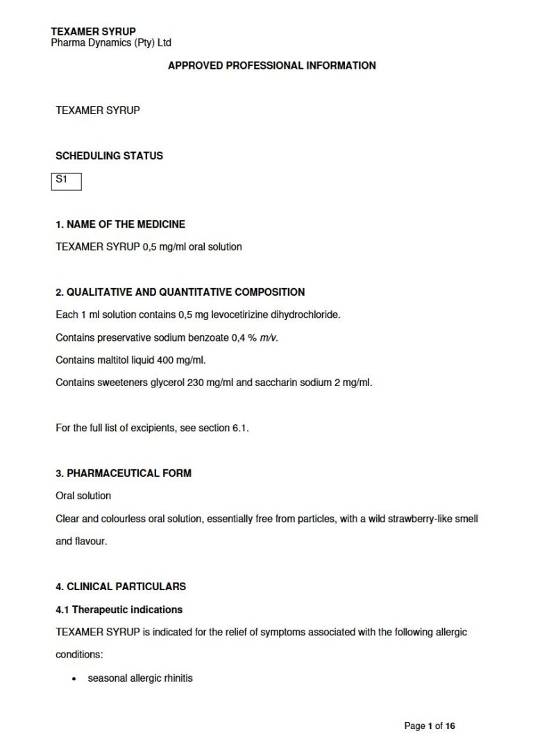 Texamer Syrup 0,5 mg/ml Oral solution package insert preview
